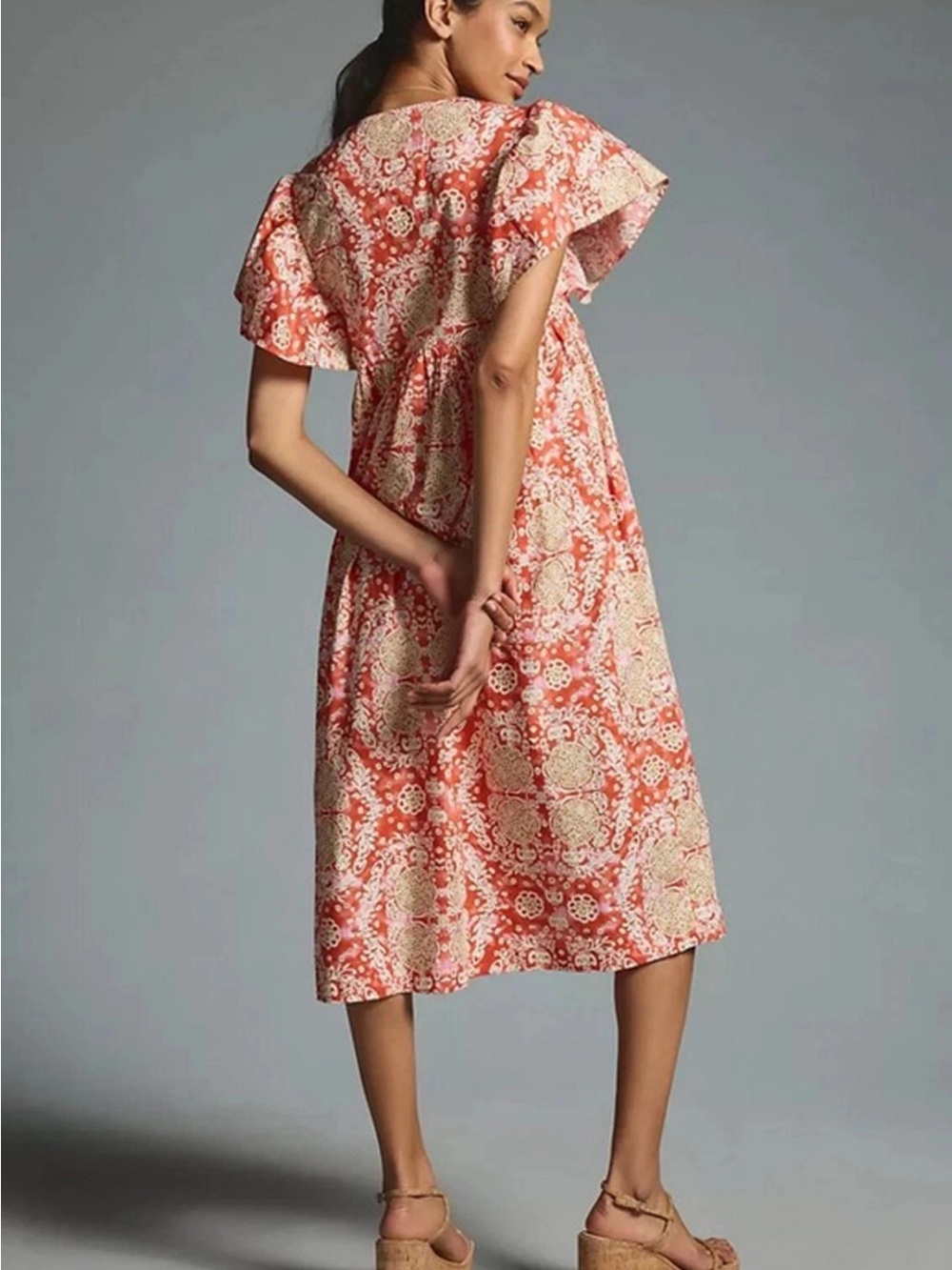 ANTHROPOLOGIE MAEVE FLUTTER DLEEVE BABYDOLL DRESS red pink cream size 2X - Picture 3 of 8